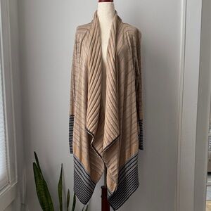St. John Tan and Blue Striped Cardigan Small Knit Oversized Wool Blend Sweater